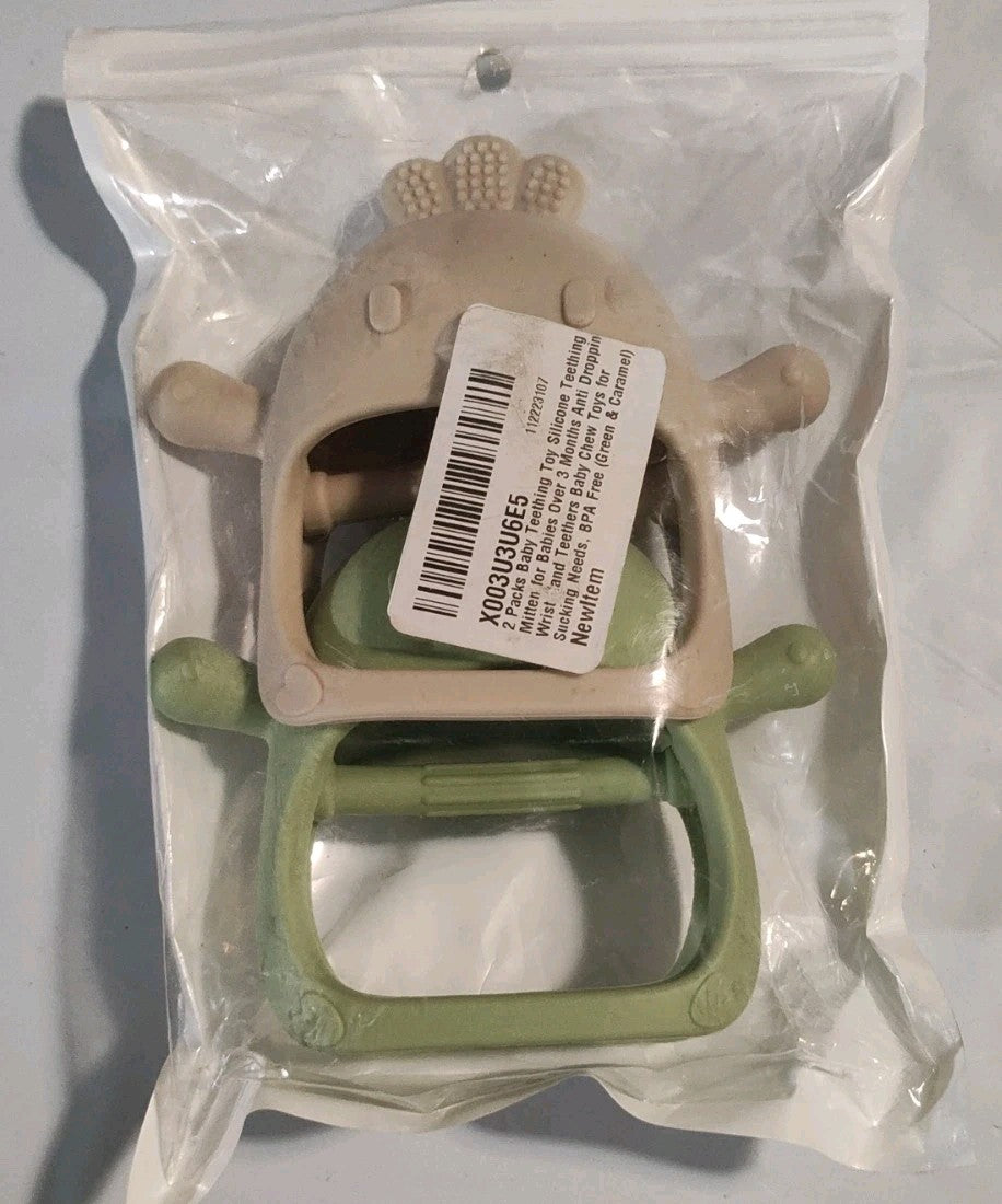 2 Packs Baby Teething Toy Silicone Teething Mitten Green and Tan
